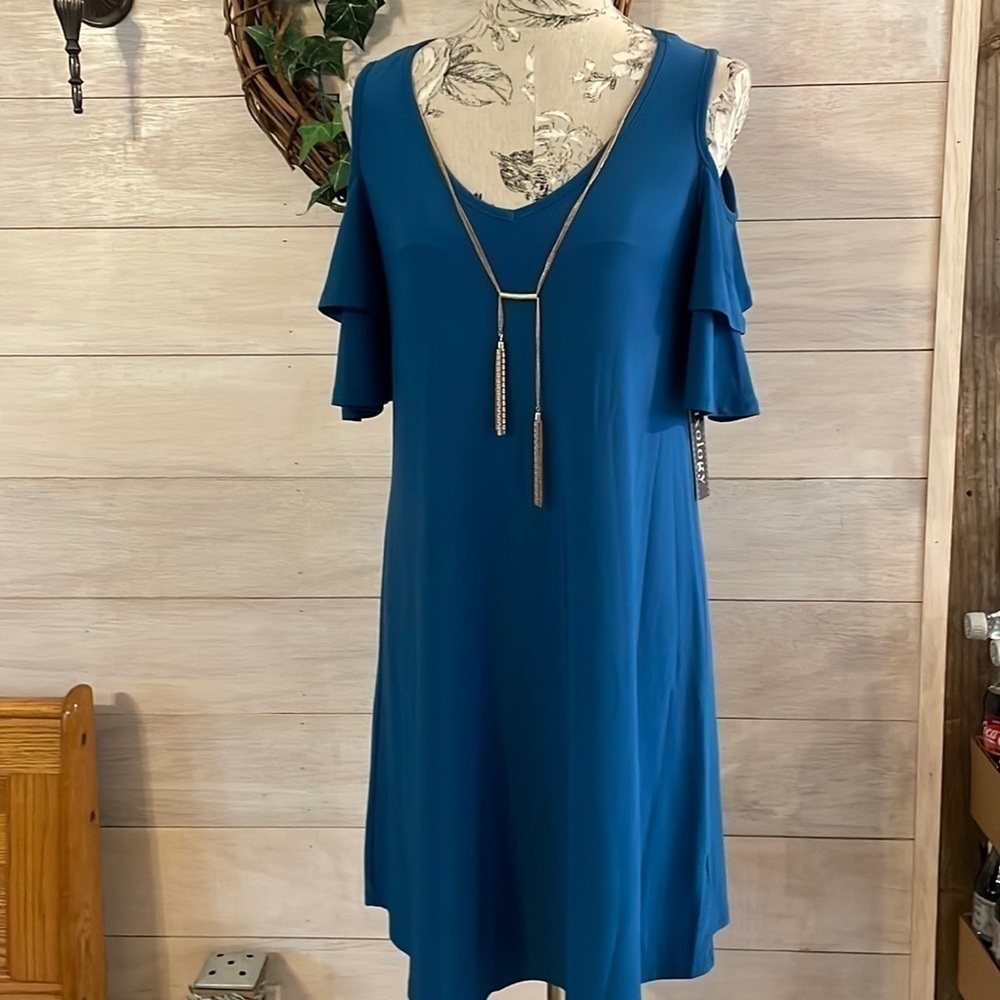 NEW luxology teal cold shoulder stretch dress S